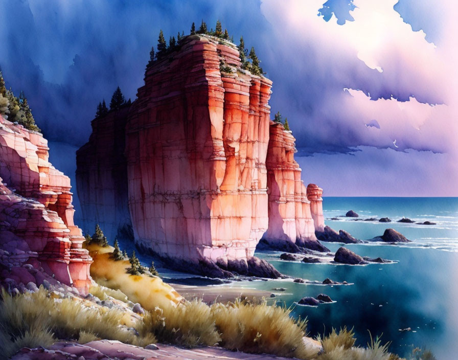 Red Sea Cliffs Watercolor Painting with Ocean View