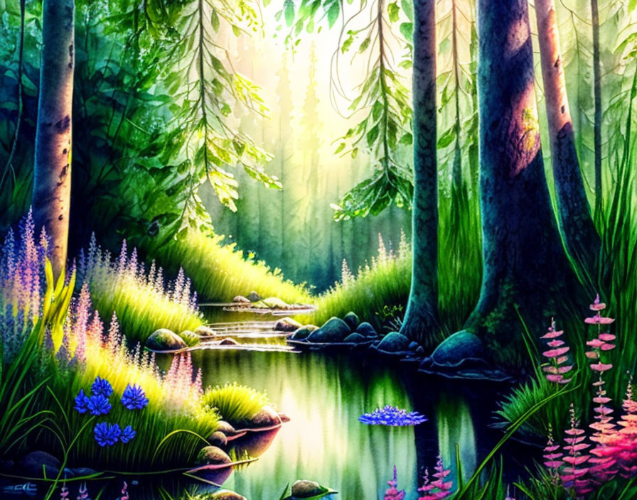 Colorful forest scene with stream, sunbeams, and vibrant flowers