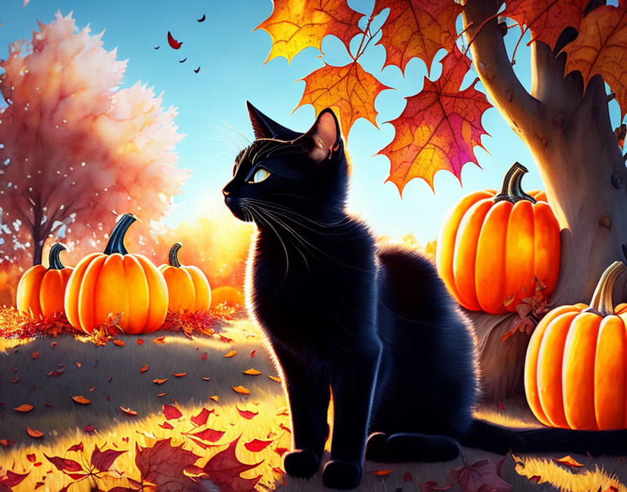 Black Cat with Pumpkins and Autumn Tree in Sunlight