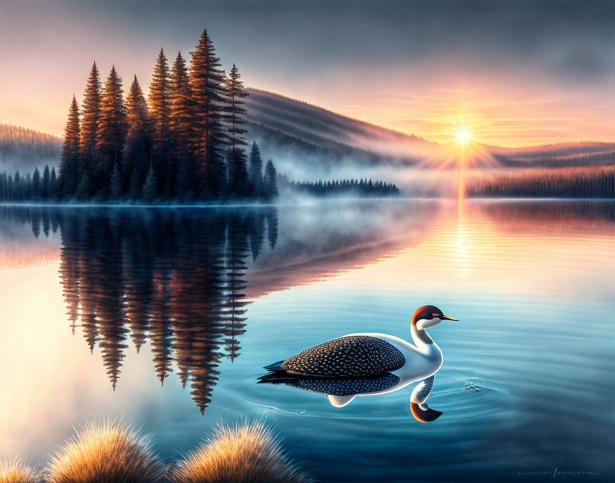 Tranquil sunrise scene: swans on misty lake with pine forest.