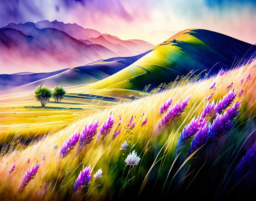 Colorful landscape painting: rolling hills, wildflowers, serene trees, pink sky