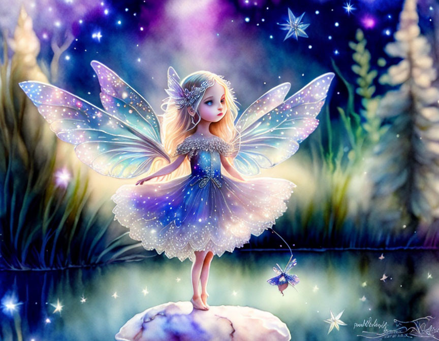 Fairy with translucent wings in blue dress on rock in magical night landscape