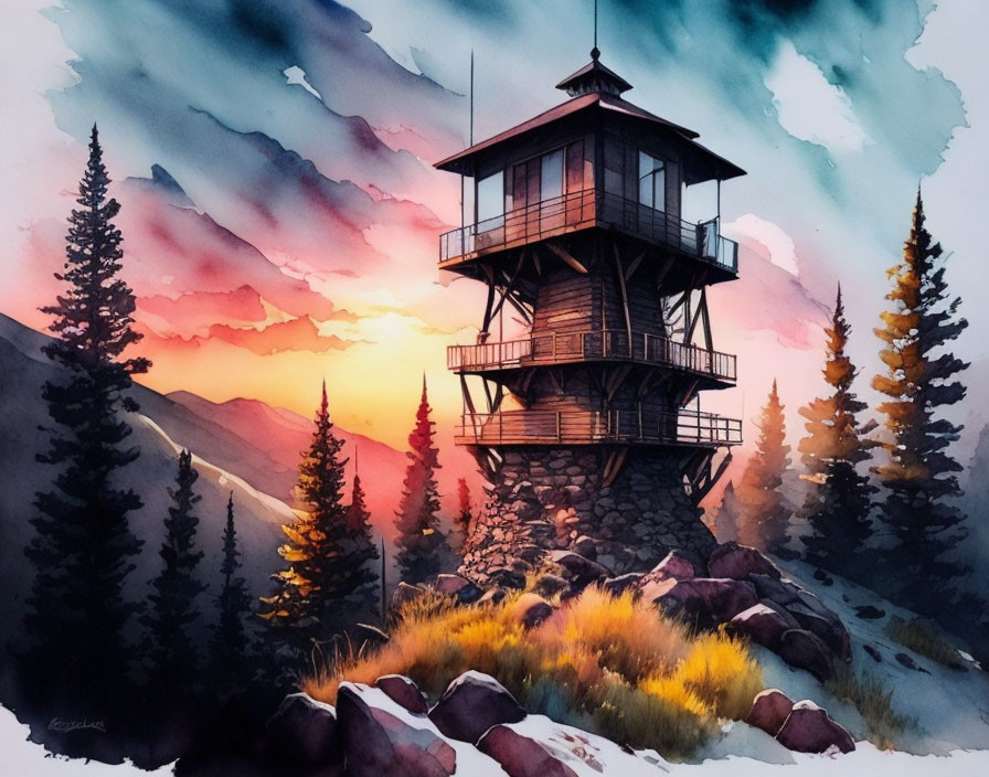 Vibrant watercolor illustration of forest lookout tower at sunset