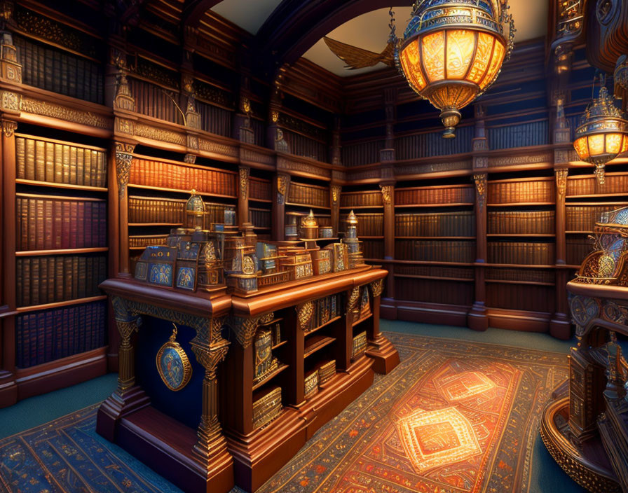 Luxurious Library with Bookshelves, Desks, Carpet & Lanterns