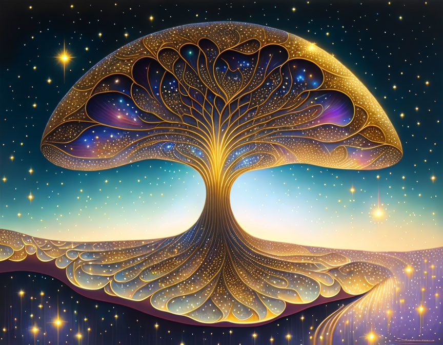 Stylized tree with cosmic elements and swirling starry sky