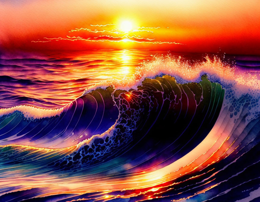 Colorful Watercolor Sunset Painting with Blue Waves and Orange Sky