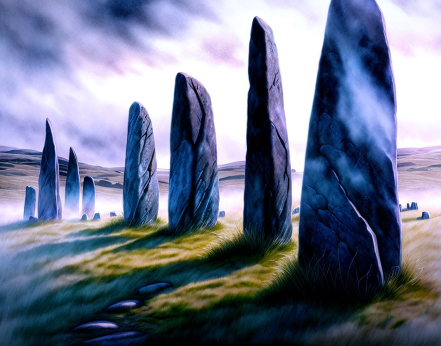 Ancient Stone Circle Art: Moody Skies & Grass Field