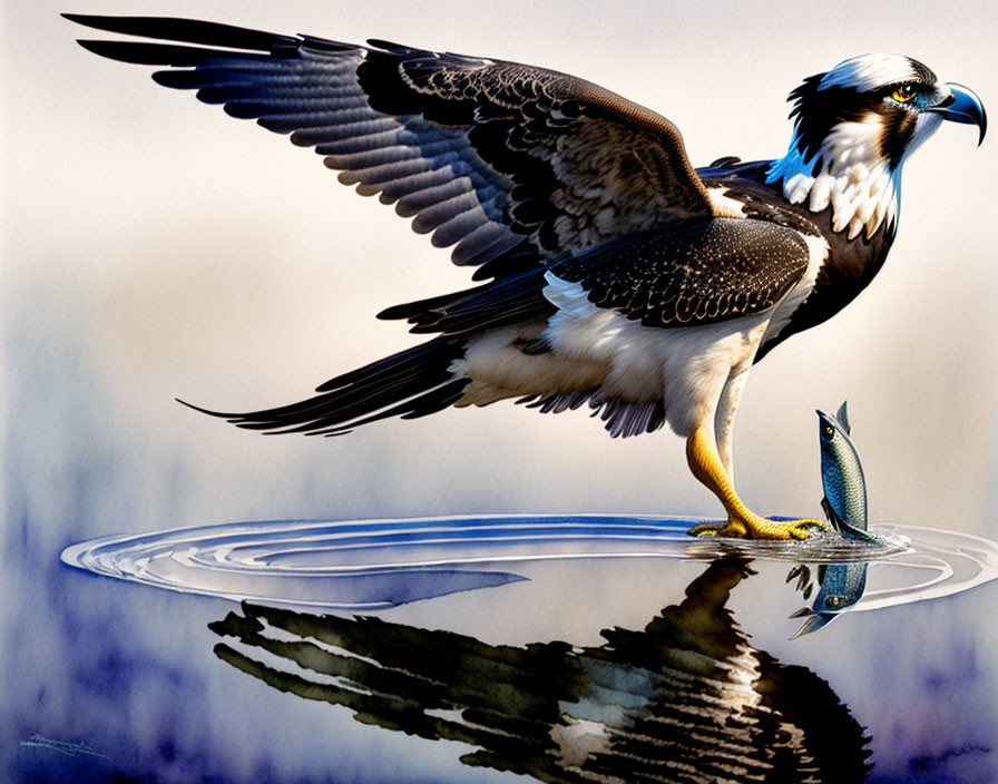 Osprey with outstretched wings holding fish above water