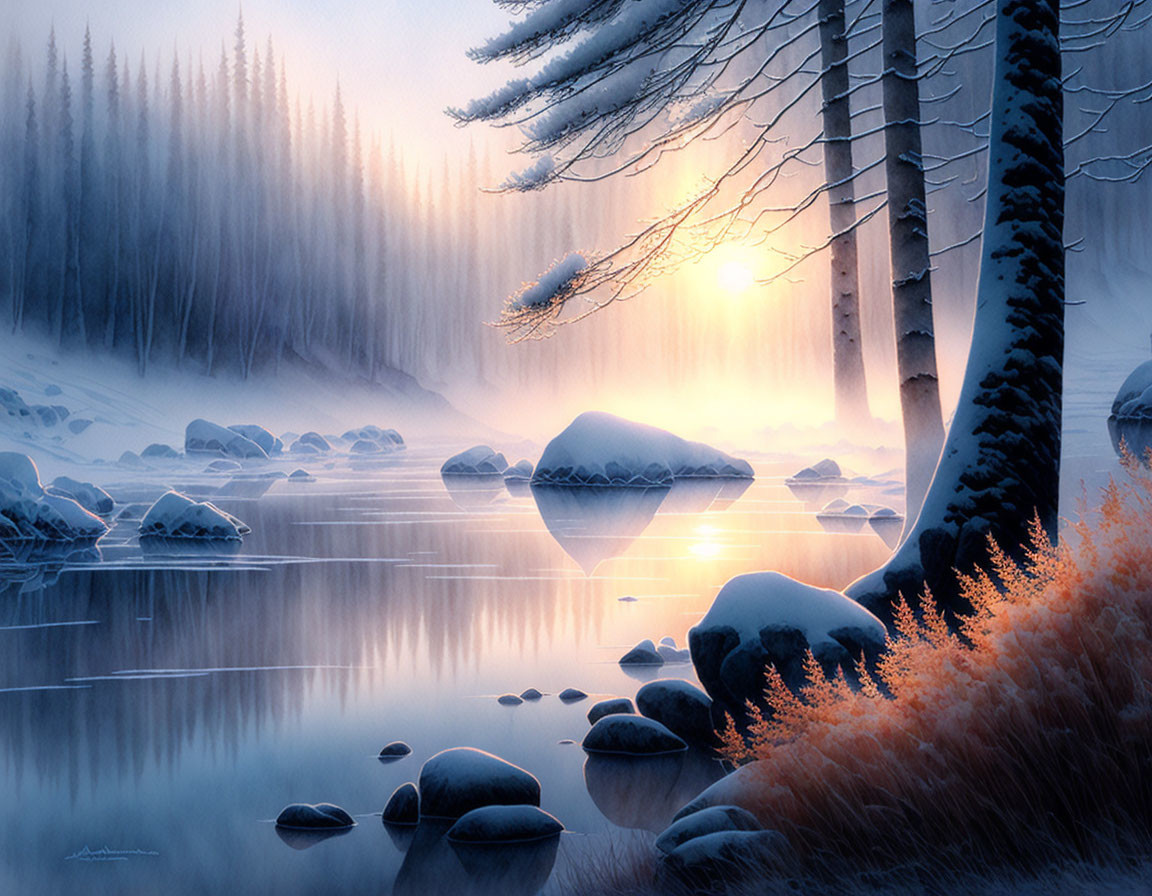 Snowy trees, calm river, and sunlit stones in serene winter landscape