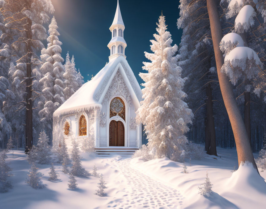 Snow-covered chapel in pine forest under blue sky