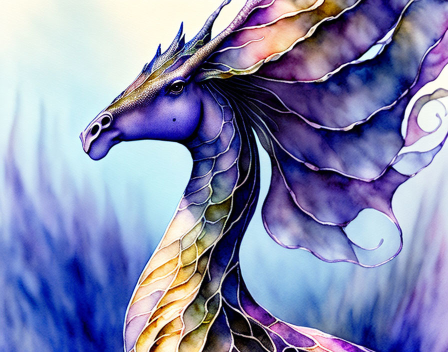 Majestic dragon with long neck, horn, and translucent wings.