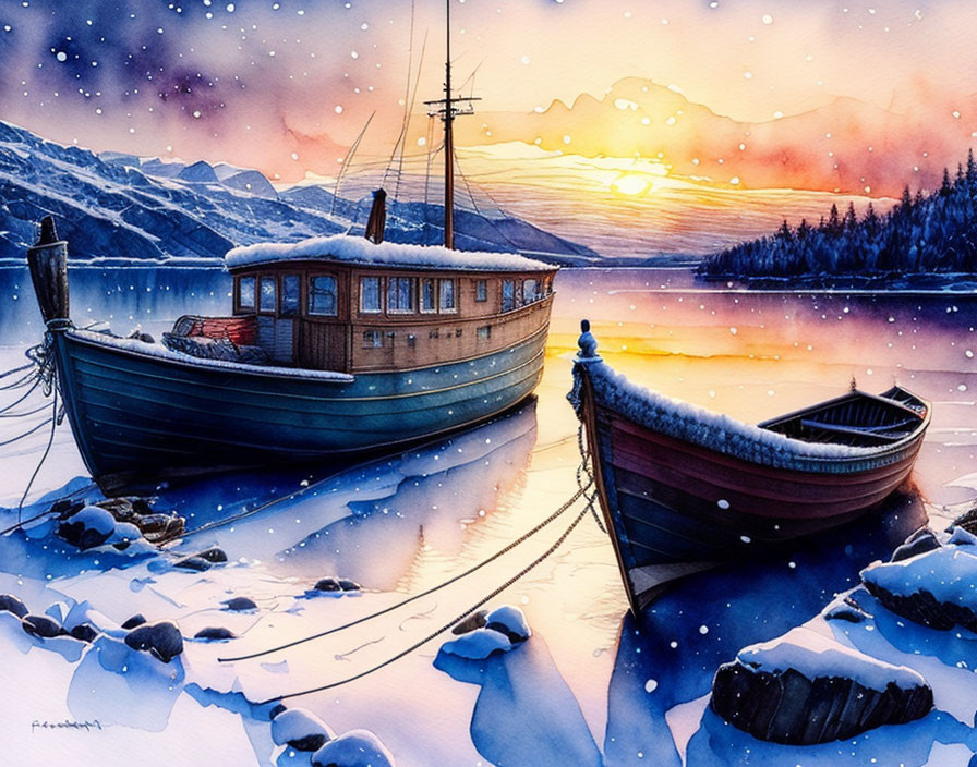 Snowy Lakeshore: Boats Moored in Winter Sunset