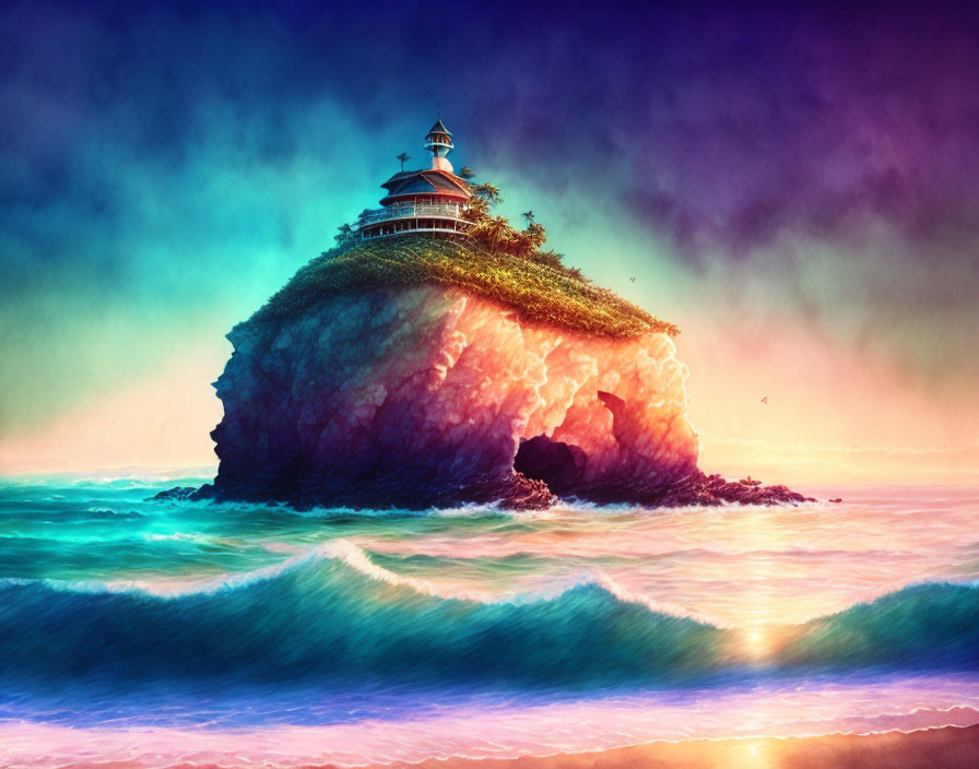 Colorful artwork: Lighthouse on isolated island with turquoise waves and dramatic sky