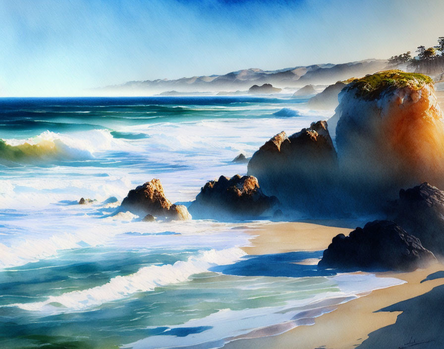 Rocky Coastal Landscape with Waves, Mountains, and Blue Sky