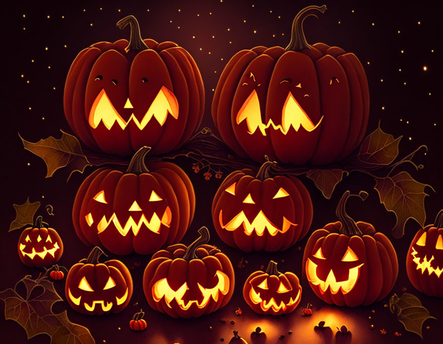 Multiple Glowing Jack-o'-lanterns in Starry Night with Autumn Leaves