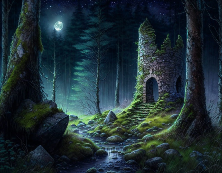 Moonlit forest scene with ancient moss-covered stone tower and tall trees.