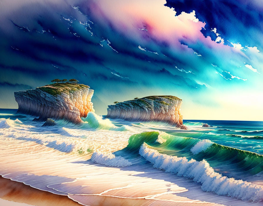 Rock formations and crashing waves in vibrant painting.