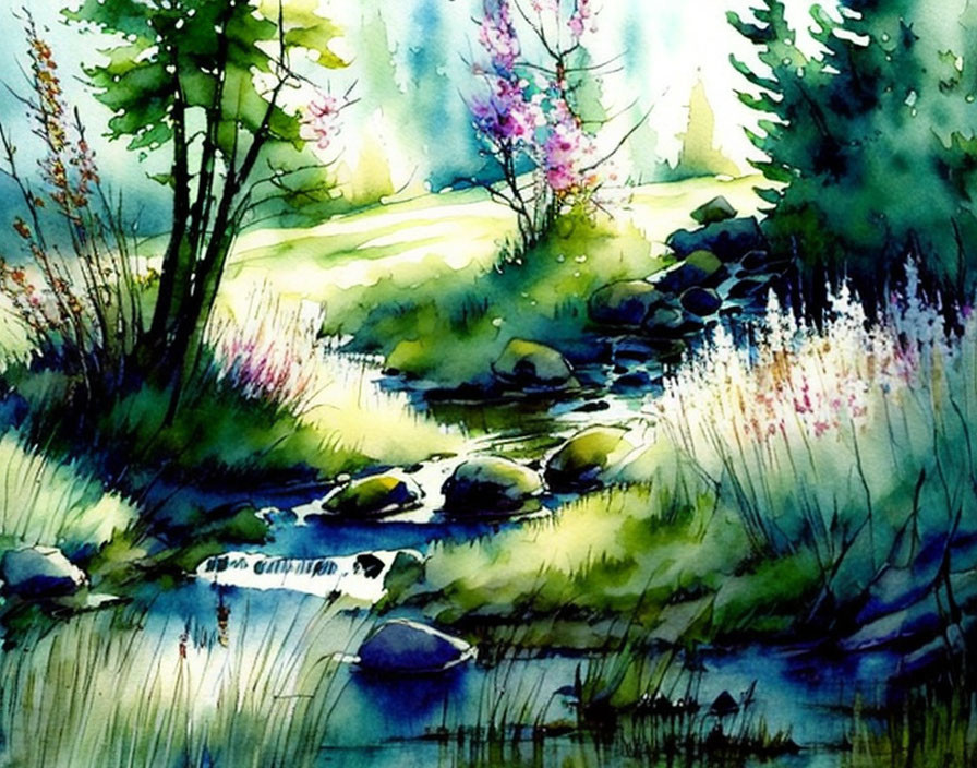 Serene Stream Watercolor Painting with Flora and Rocks