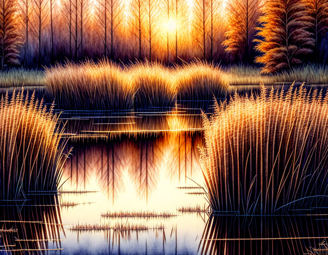 Tranquil sunrise: tall reeds, still water, warm light