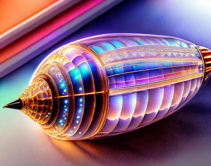 Vibrant futuristic pen illustration with iridescent patterns