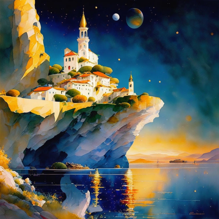 Twilight cliffside town painting with starry sky, moon, and planet.