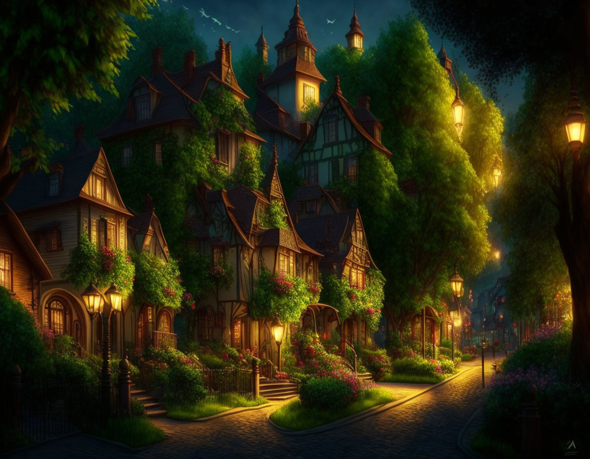 Picturesque cobblestone street with ivy-covered houses and flower decorations under twilight streetlamp glow.