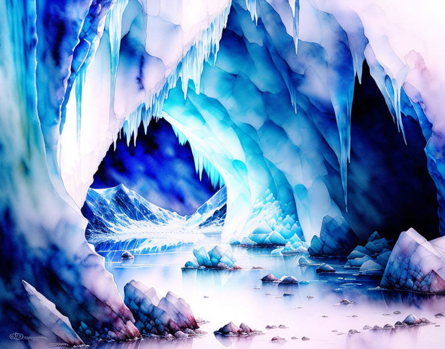 Majestic ice cave with blue hues and icicles in frozen landscape