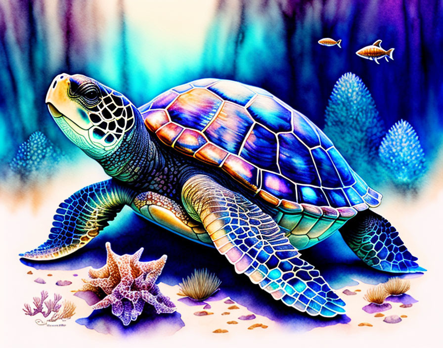 Colorful Sea Turtle Illustration in Underwater Seascape with Coral and Fish