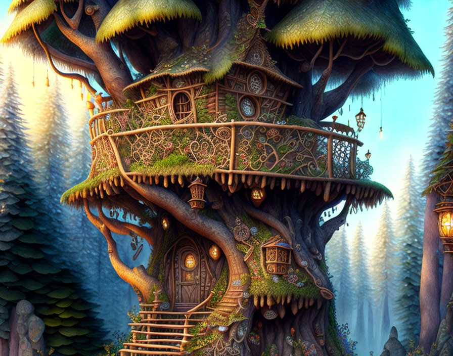 Enchanted forest treehouse with spiral staircase & oversized foliage