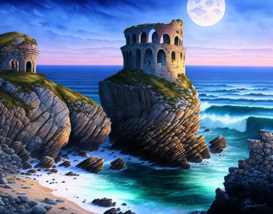 Coastal Dusk Scene: Clifftop Ruins, Crashing Waves, Full Moon