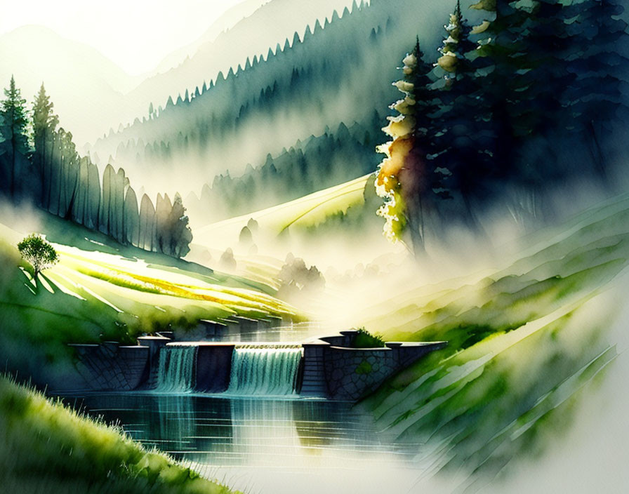 Tranquil Watercolor Landscape with Waterfall and Forest