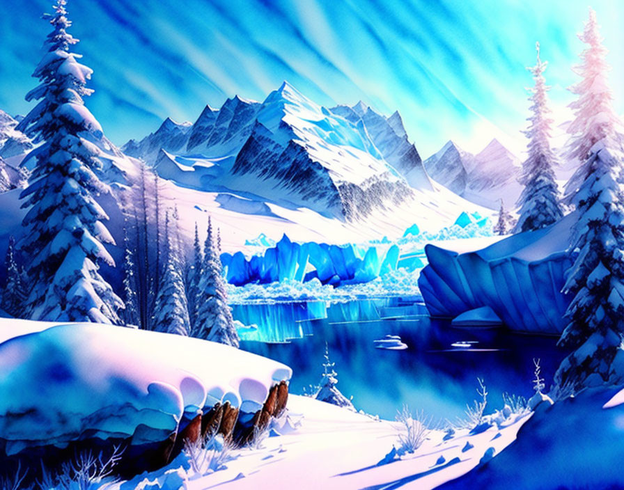 Winter landscape digital artwork with snow-covered trees and icy mountains