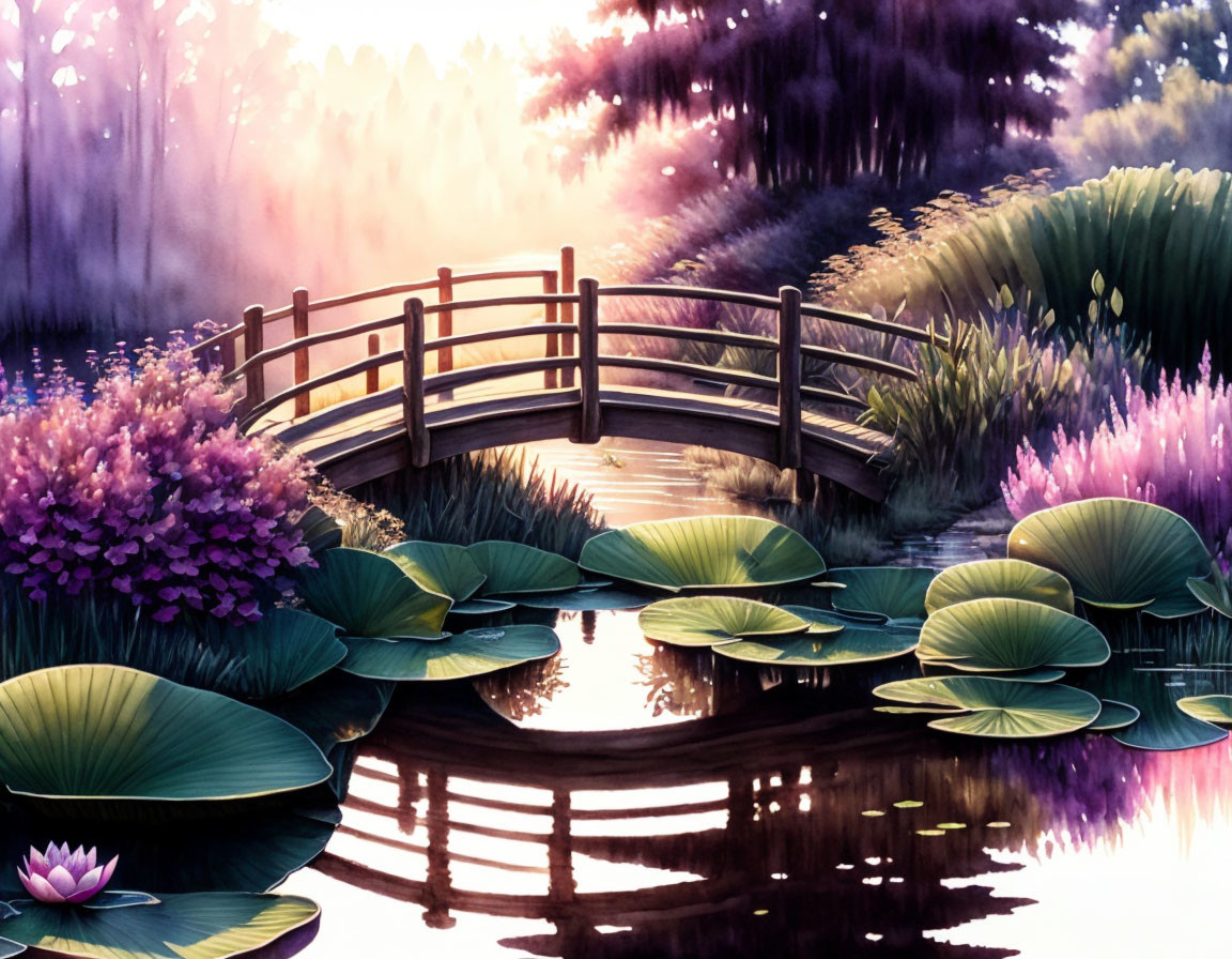 Tranquil nature illustration: Wooden bridge over pond at sunrise