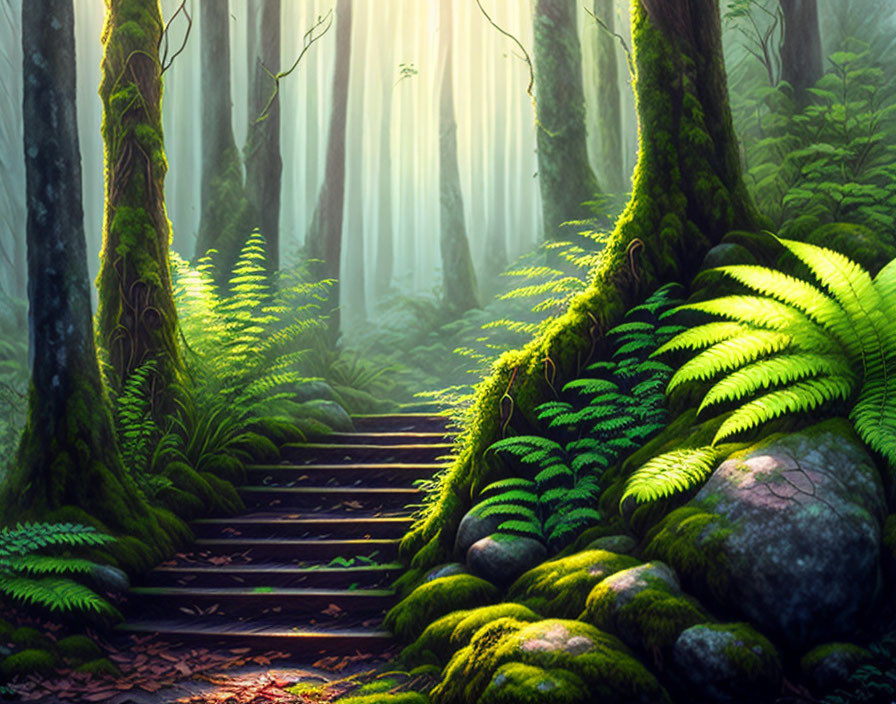 Lush forest with green ferns, moss-covered trees, and stone stairway