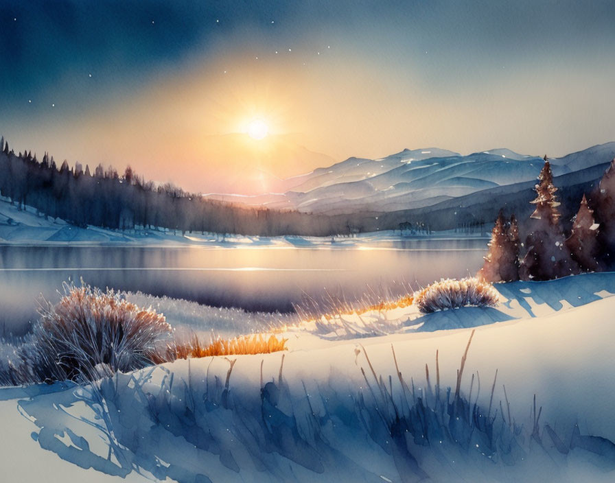 Snowy hills, bare trees, calm lake, sunset over mountains