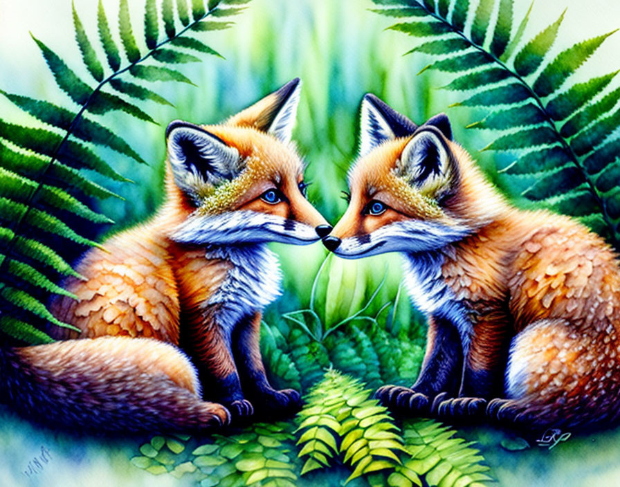 Illustrated foxes touching noses in lush green ferns