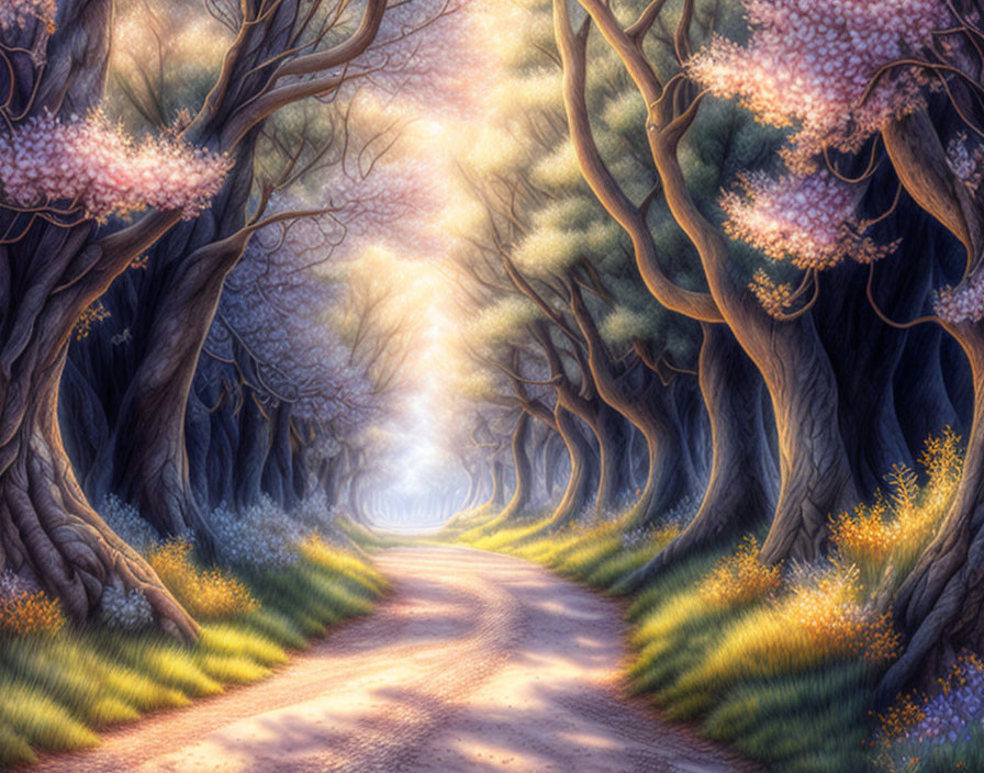 Enchanting forest path with blooming trees and twisted trunks