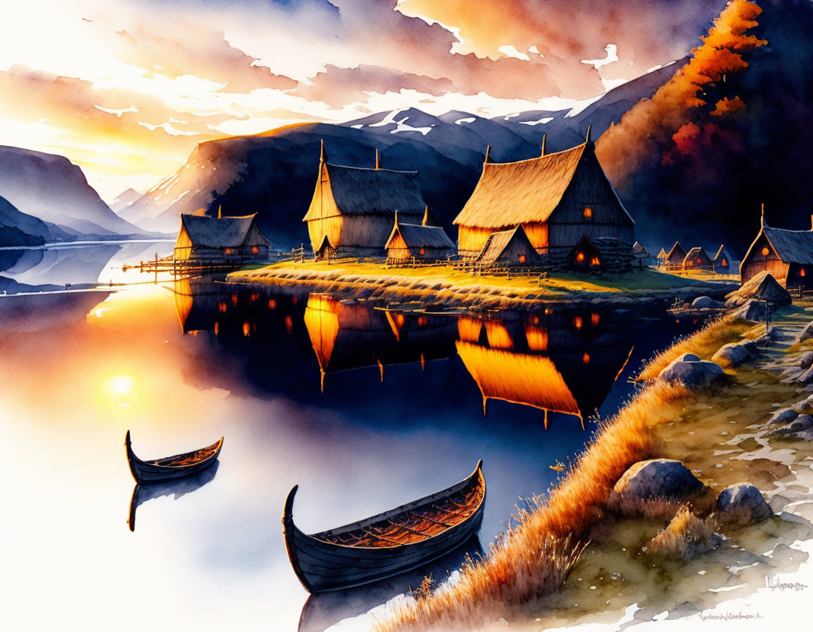 Viking longhouses by fjord at sunset with glowing sky