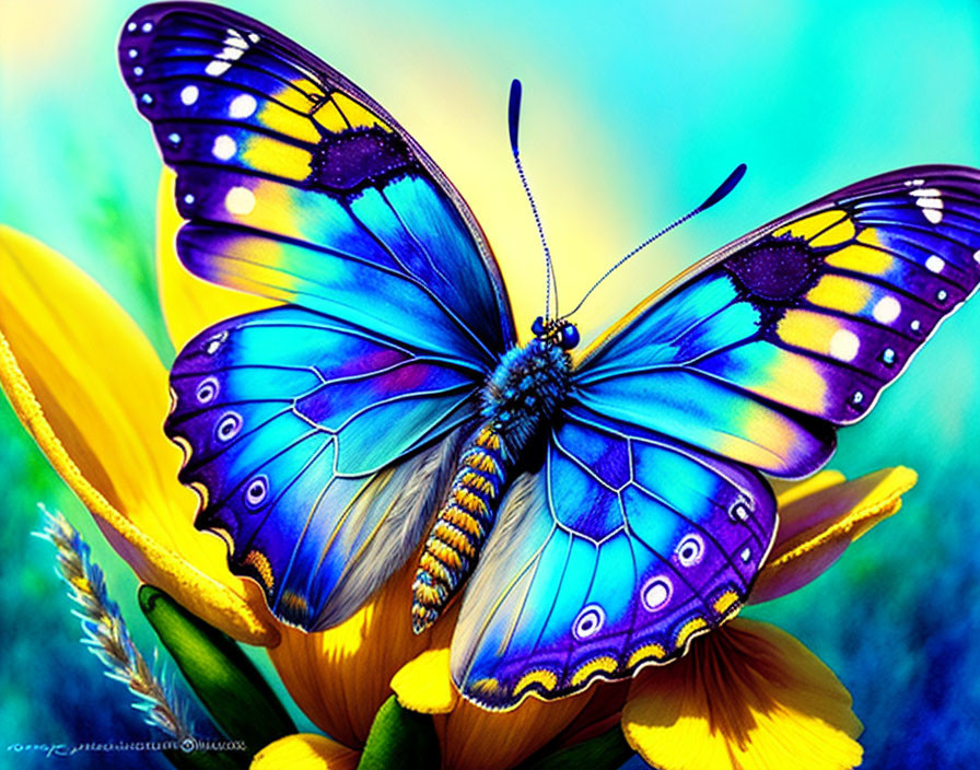 Vibrant blue butterfly with black and yellow patterns on yellow flower petals