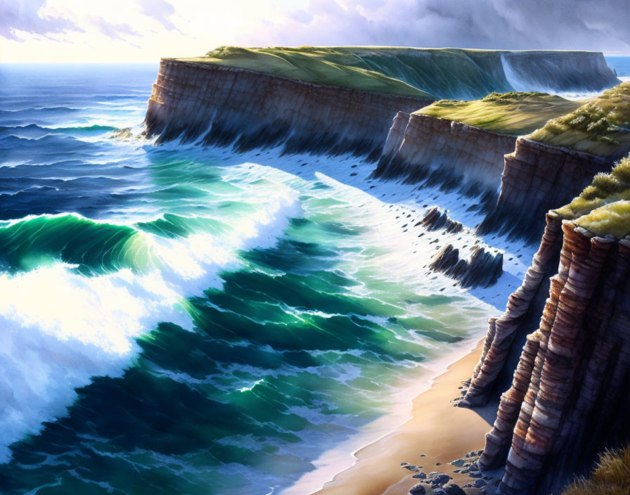 Dynamic sky meets towering cliffs in serene beach scene