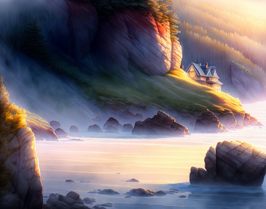 Tranquil sunset over cliffside house by misty sea