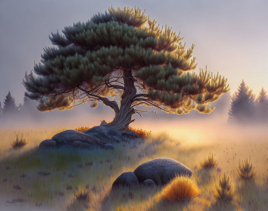 Twisted pine tree on rocky hill with forest backdrop in warm light