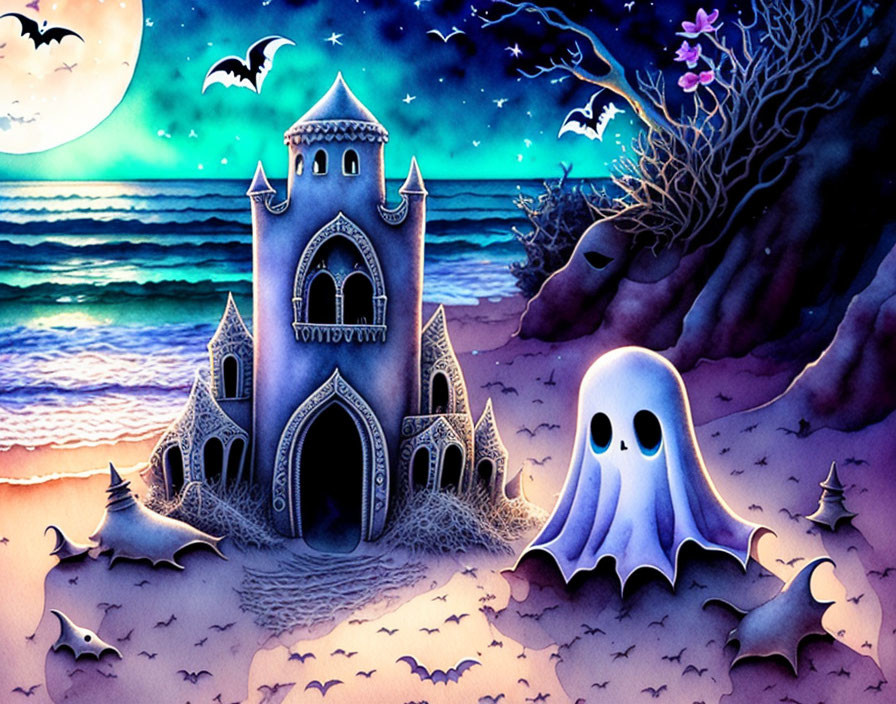 Fantasy castle and ghost on sandy beach at night