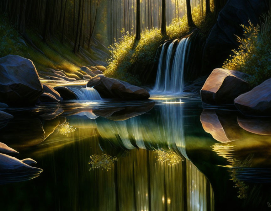 Tranquil forest scene: small waterfall, rocks, pond, sunlight.