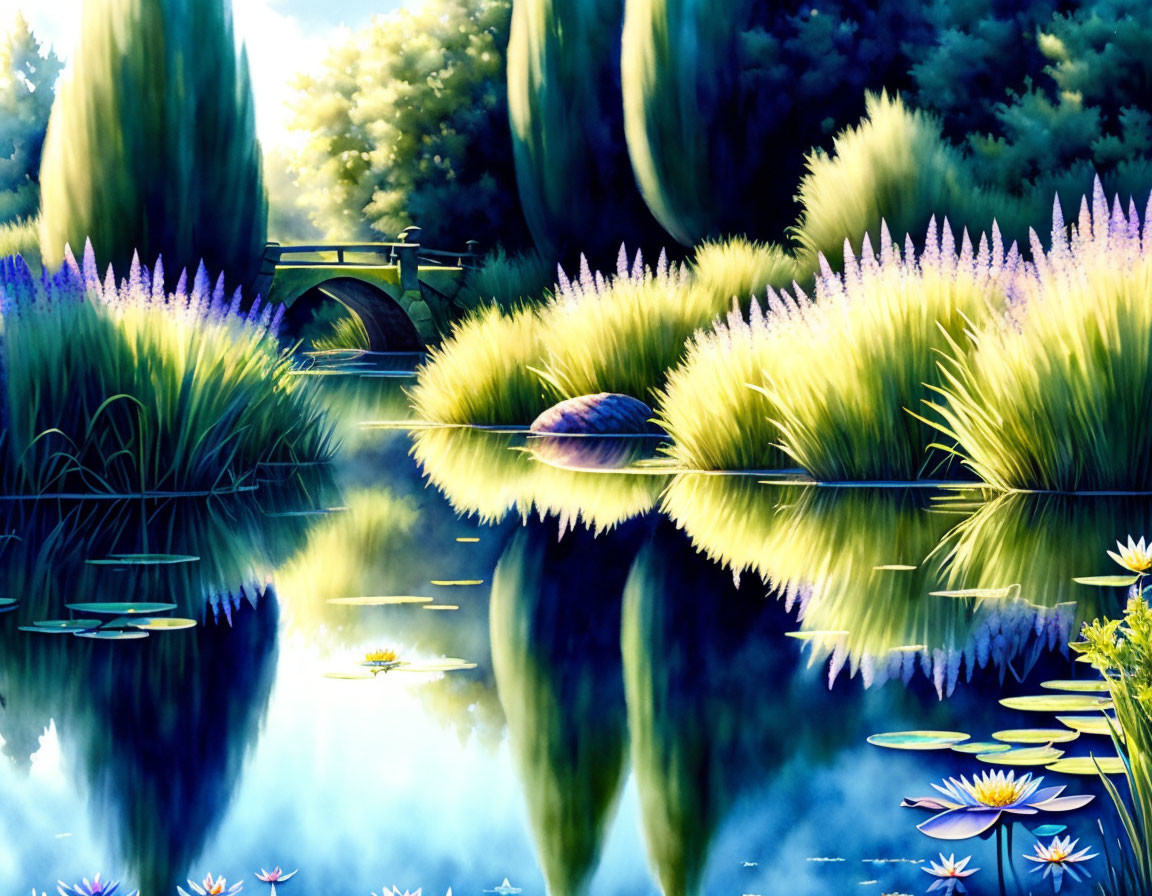 Tranquil pond with waterlilies, bridge, lush greenery, and purple flowers