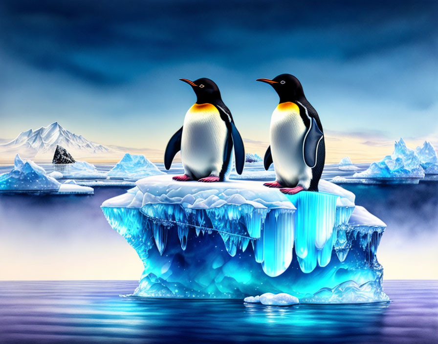 Penguins on Glowing Blue Iceberg with Icy Mountains