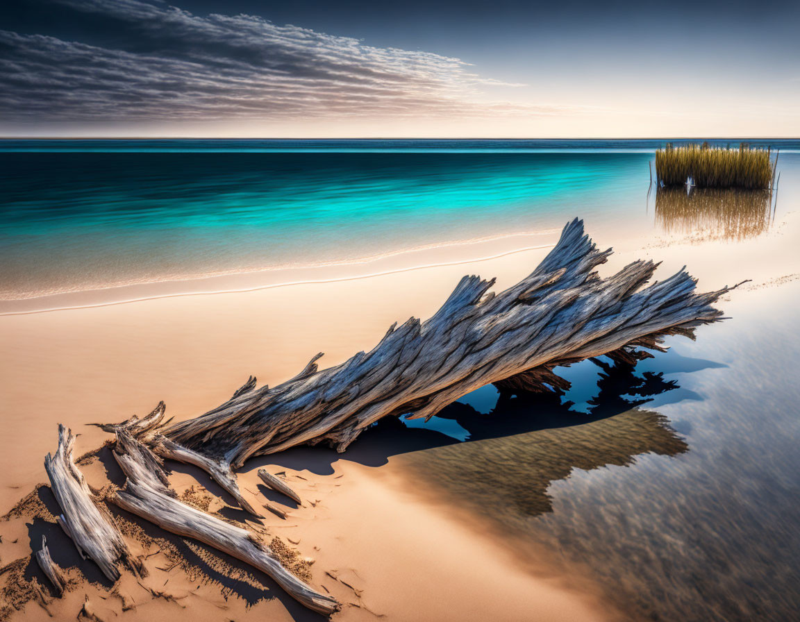 Tranquil beach scene with driftwood log, still water, sandy shore, reeds, and