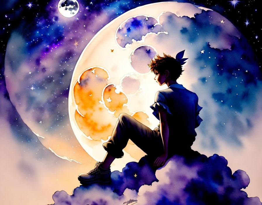 Person sitting on cloud gazes at whimsical night sky with large moon and stars