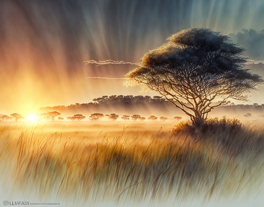 Serene savanna landscape at sunrise with misty atmosphere and lone tree.