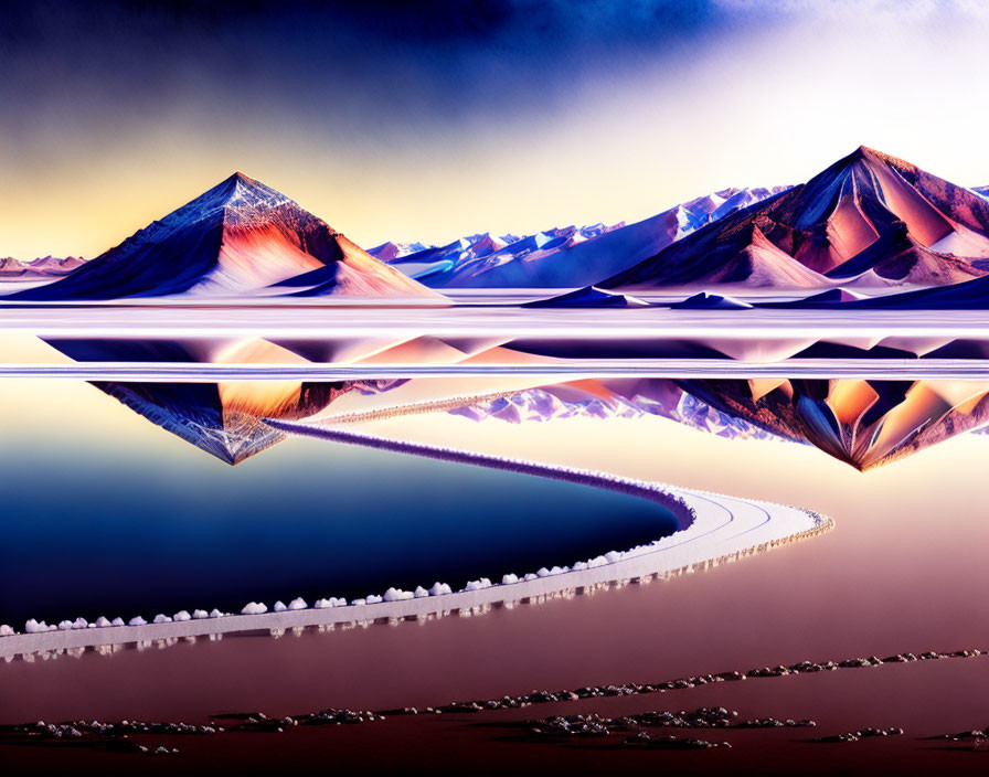 Mirrored mountains in surreal pink and blue landscape